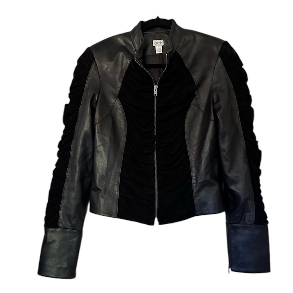 Cache Goat Suede Leather Ruched Sleeve Zip Jacket